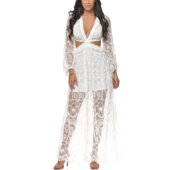 White Cut out Lace Bubble Sleeve Maxi Dress - Picture 5 of 11